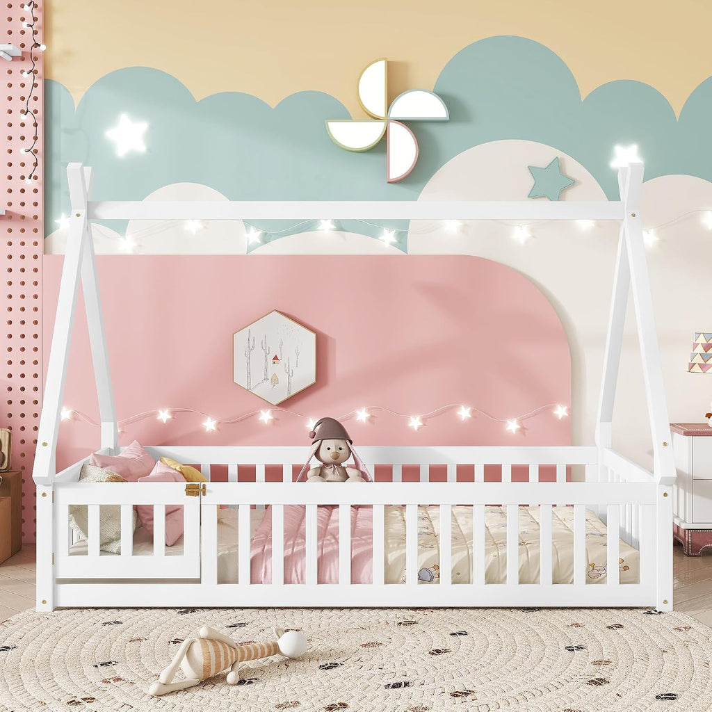 Floor Bed for Kids Tent-Shaped Montessori Floor Bed with Slats and Guardrails Wood Teepee Bed Frame