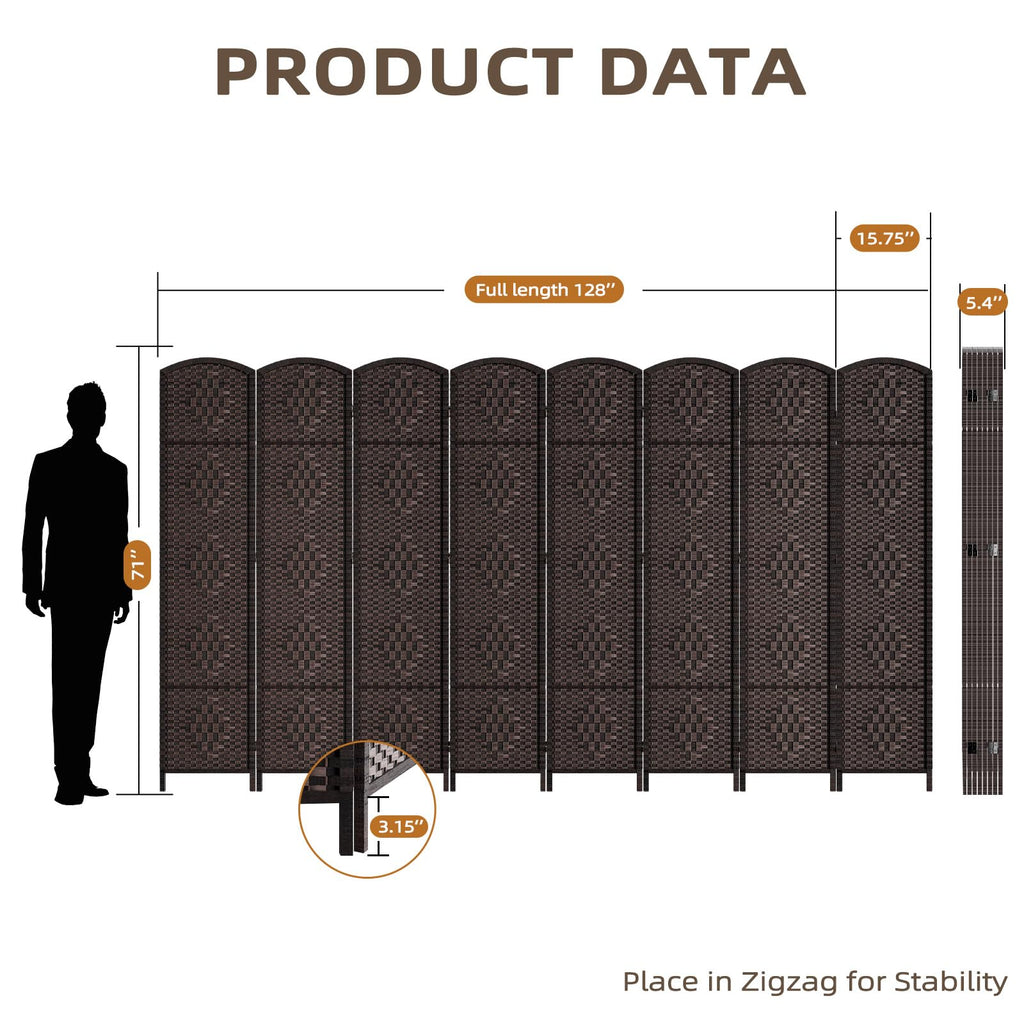 Room Divider Panel, 8 Panel Partition Room Dividers, Dark Mocha