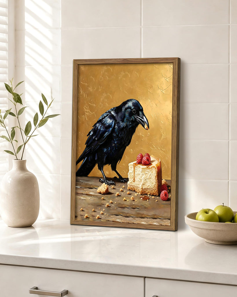 Framed Crow Halloween Wall Art, Funny Raven Wall Decor Painting Picture, Vintage Bird Dessert Canvas Print Poster