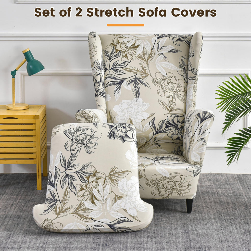 Printed Wingback Chair Cover 2 Pieces Stretch Spandex Slipcover Soft Washable Non-Slip Armchair Protector with