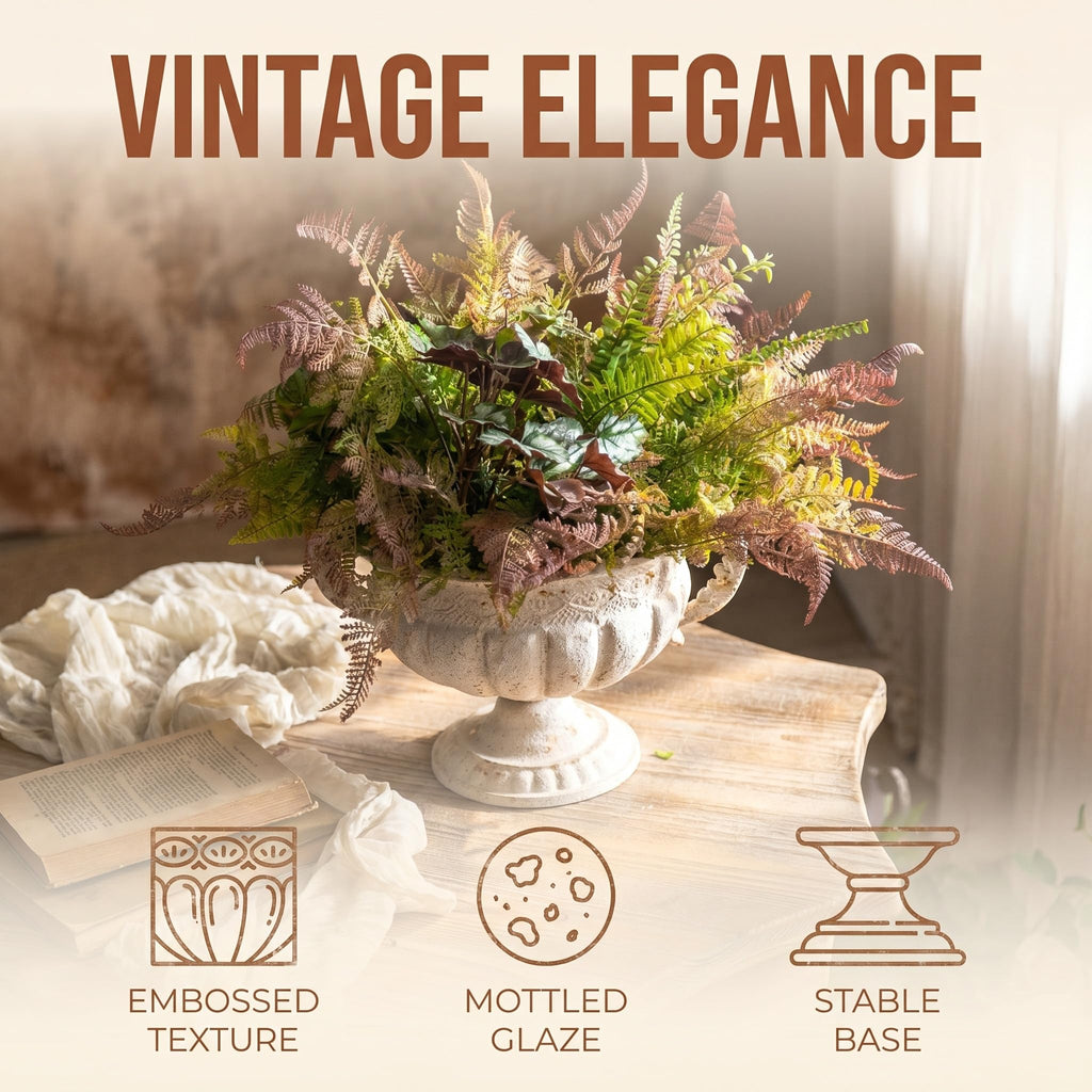 Vintage Distressed White Urn Planter with Embossed Pattern & Handles, 13.58" Iron Decorative Flower Pot, Classic
