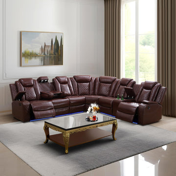 Leather Sectional 3-Piece Living Room Furniture Sets with LED Light, Power Recliner Sectional Sofa, Brown Power
