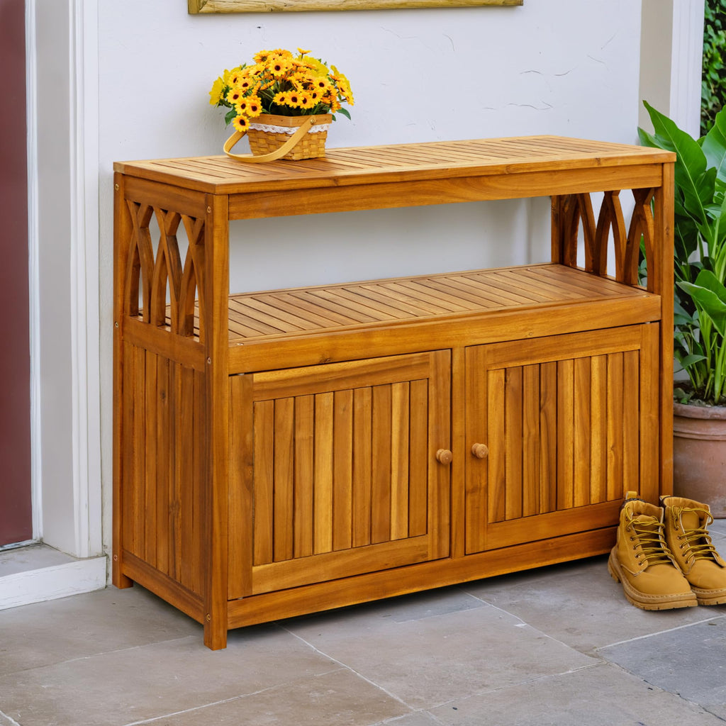 2-Tier Outdoor Storage Cabinet in Acacia Wood, with 2 Magnetic Doors, for Garden, Picnic, Buffet, TV Stand, or Bar