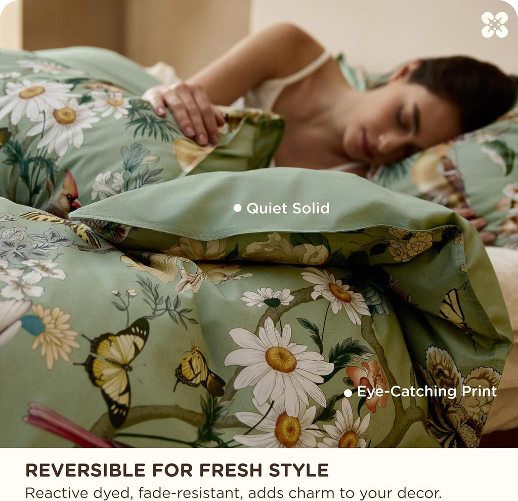 Floral Duvet Cover King - 100% Cotton Reversible Flowers and Birds Pattern Duvet Cover Set, 3 Pieces Soft &
