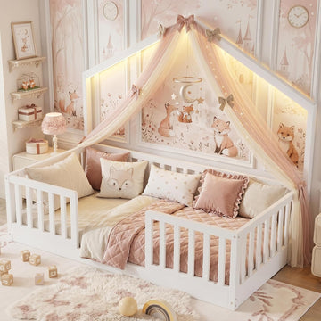 Montessori House Floor Bed with High Rails and LED Light, White