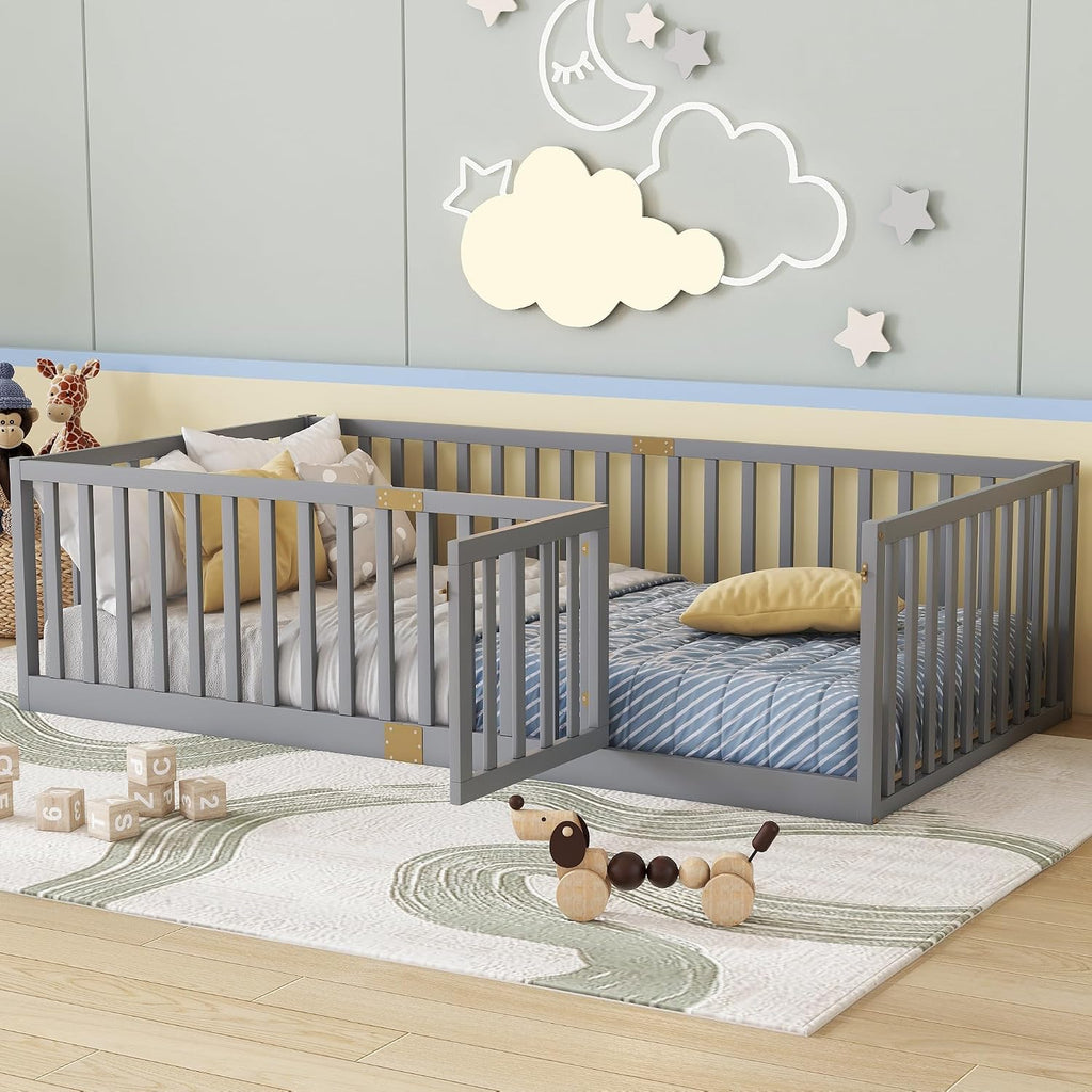 Floor Bed with Slats and Door, Montessori Floor Bed with Rails, Easy Assemble Montessori Beds