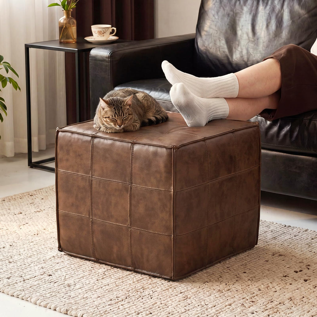 Square Genuine Leather Pouf Ottoman, No-Assembly Modern Footrest (Brown)