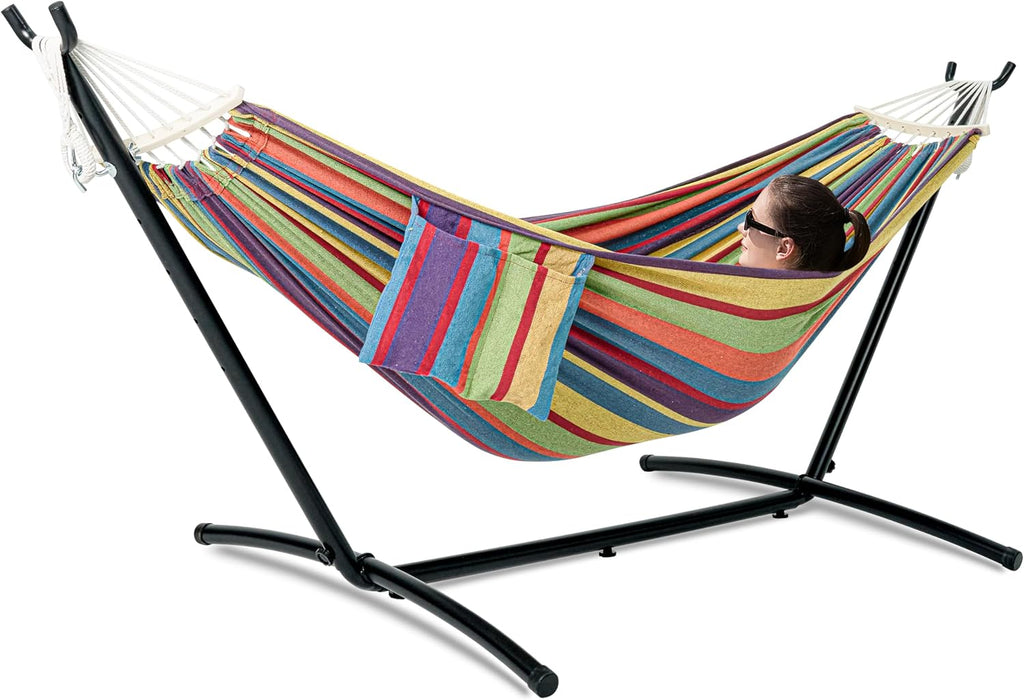 Double Hammock with Stand for Outside, Upgraded Spreader Bar, Heavy Duty Space Saving Steel Stand 2 Person, Side