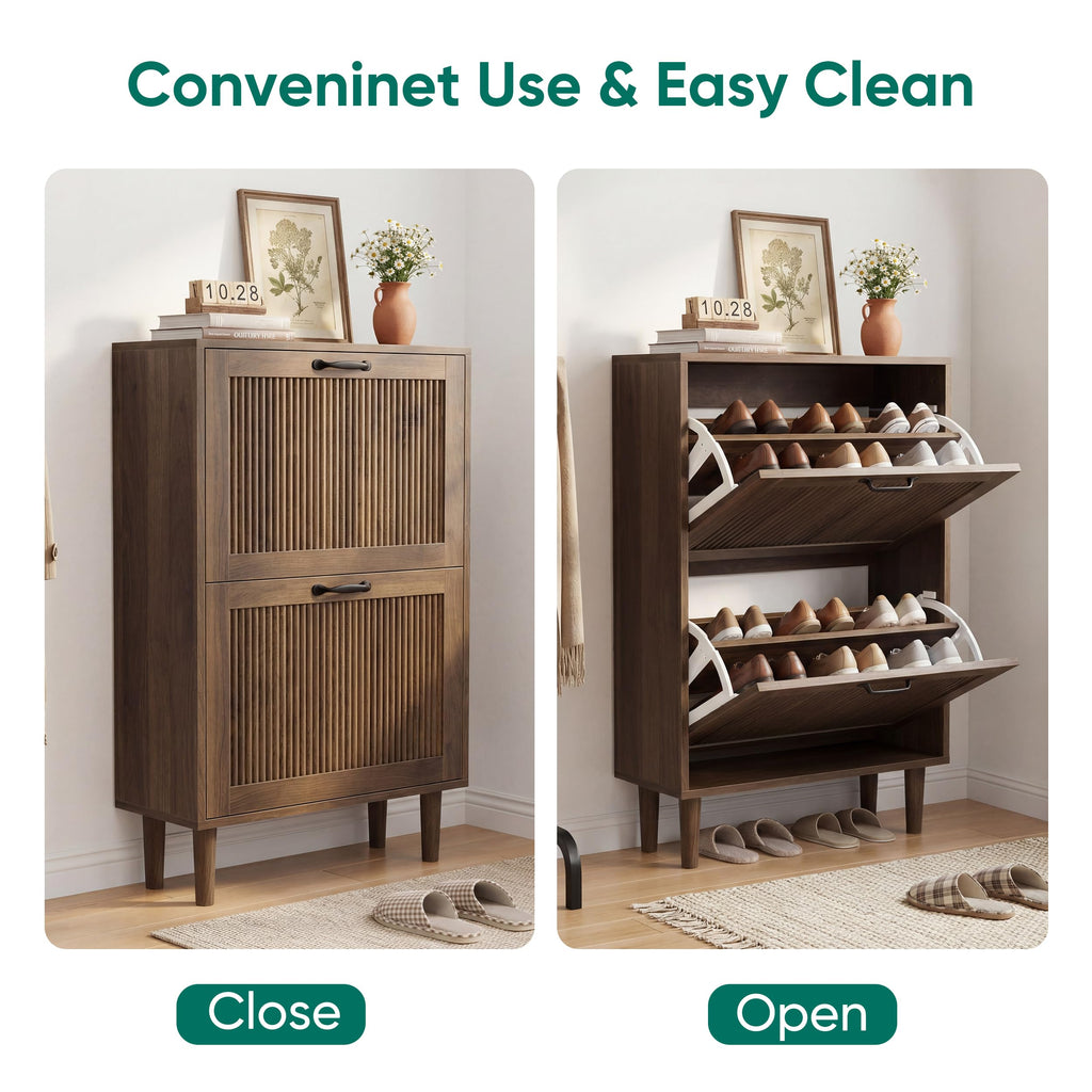 Walnut Shoe Cabinet with 2 Flip Drawers, 23.6" Hidden Shoe Storage Cabinet with Small Fluted Doors, Freestanding Shoe