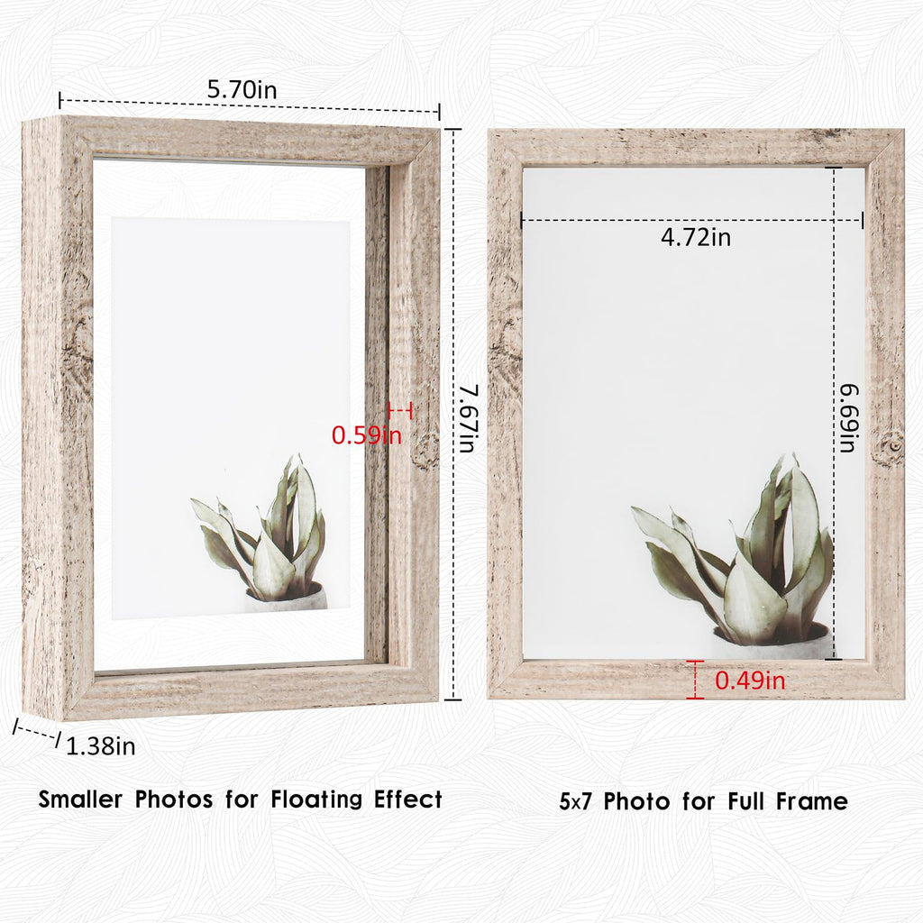 5x7 Floating Frames Distressed Beige White Wood Pattern, Double Glass Picture Frame Display Any Size Photo up to