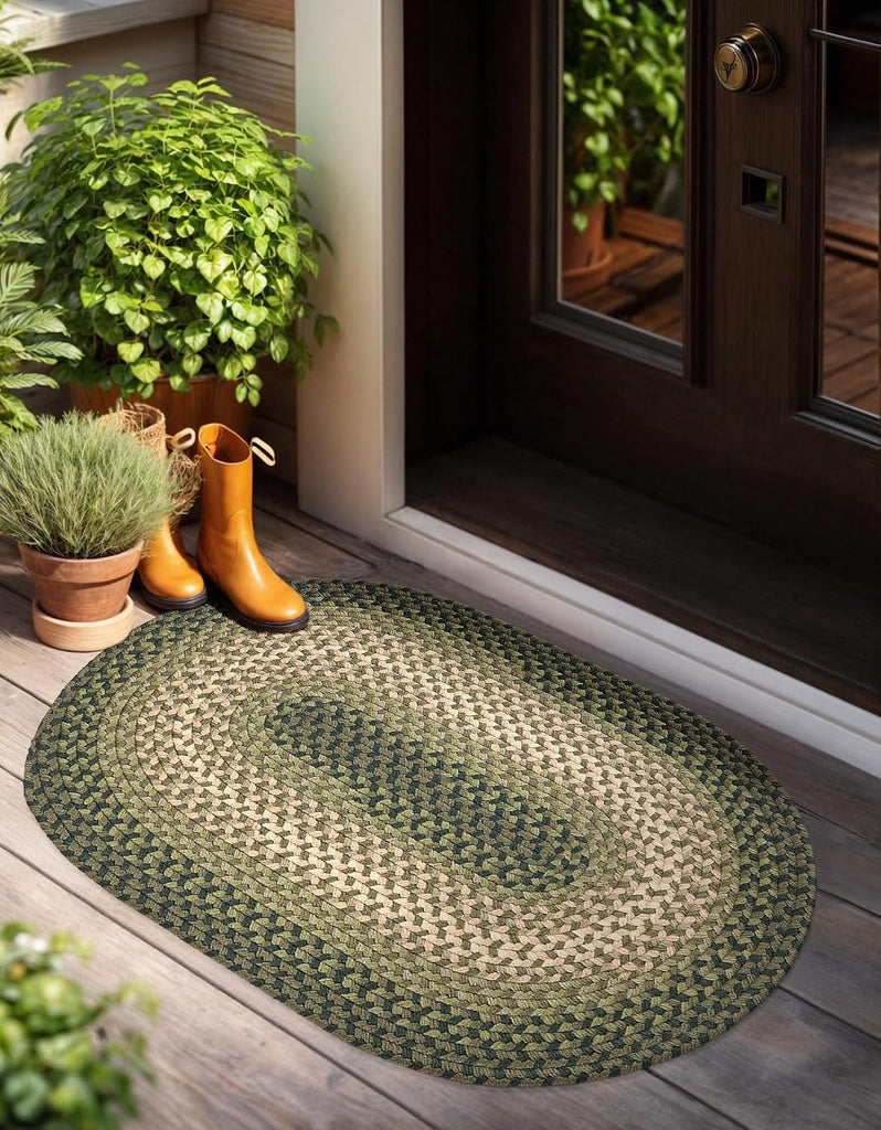 Tranquility TQ22 Green 2' x 3' Oval - Braided Area Rug, Home Decor, Floor Mat or Bedroom Rug - Easy Care, Ideal for