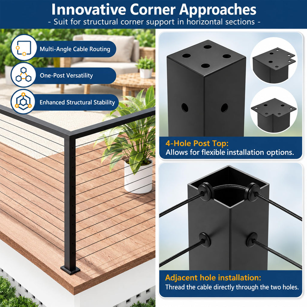 42" Modular Black Cable Railing Corner Post for Deck Railing System