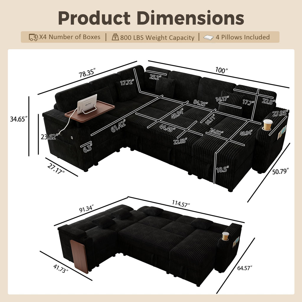 100" Convertible Sectional Sofa Bed, Pull Out Couch Bed with Storage Chaise, Table Board, USB Ports & Cup Holder