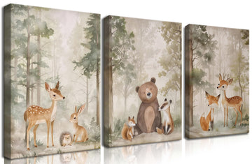 Nursery Canvas Wall Art Set of 3 - Woodland Wild Animals Bear Fox Deer Watercolor Paintings Pictures Wall Decor