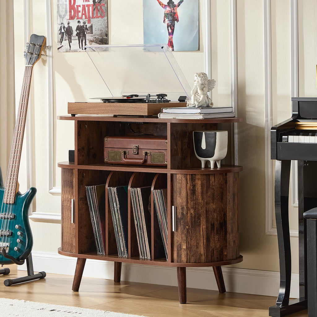 Small Round Record Player Stand with Charging Station, Brown