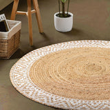 Premium Natural Jute Braided Area Rug, 6-feet Round, White Printed Border, Stain Resistance, Natural