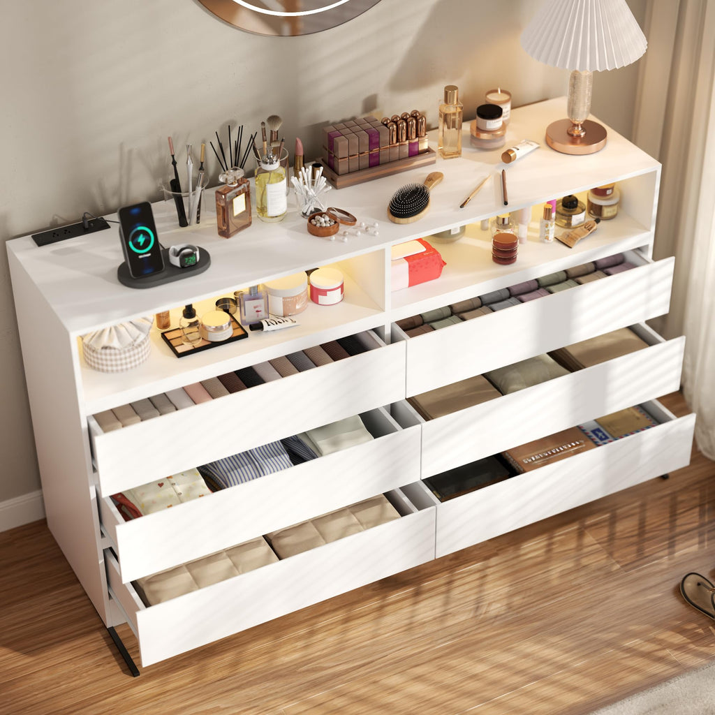 White 6 Drawers Double Dresser with Power Outlet & LED Light
