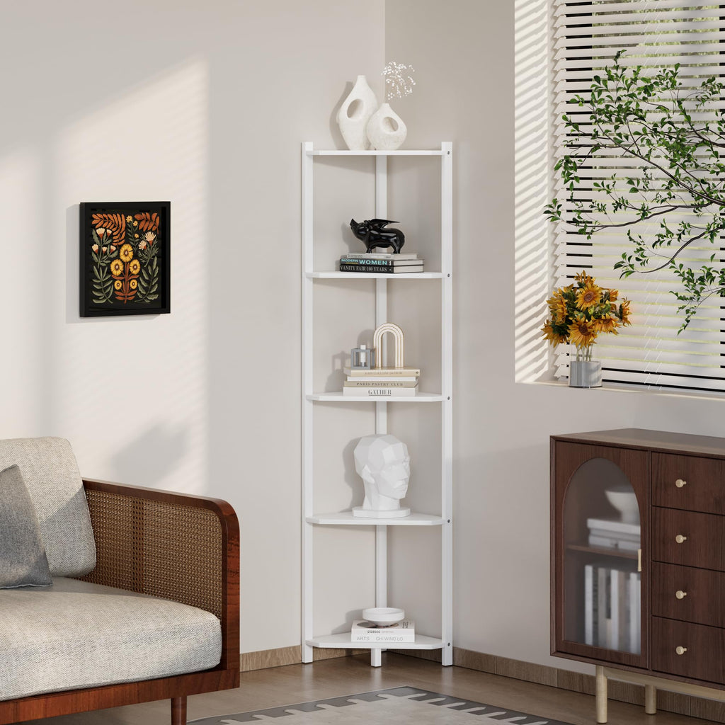Bamboo Tall Corner Shelf Stand, 5-Tier White Corner Bookshelf
