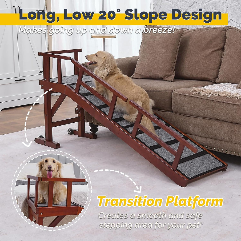 Dog Ramp for Bed or Couch, Wooden Pet Ramp with 20° Gentle Slope, Removable Side Rails, Non-Slip Surface, Top