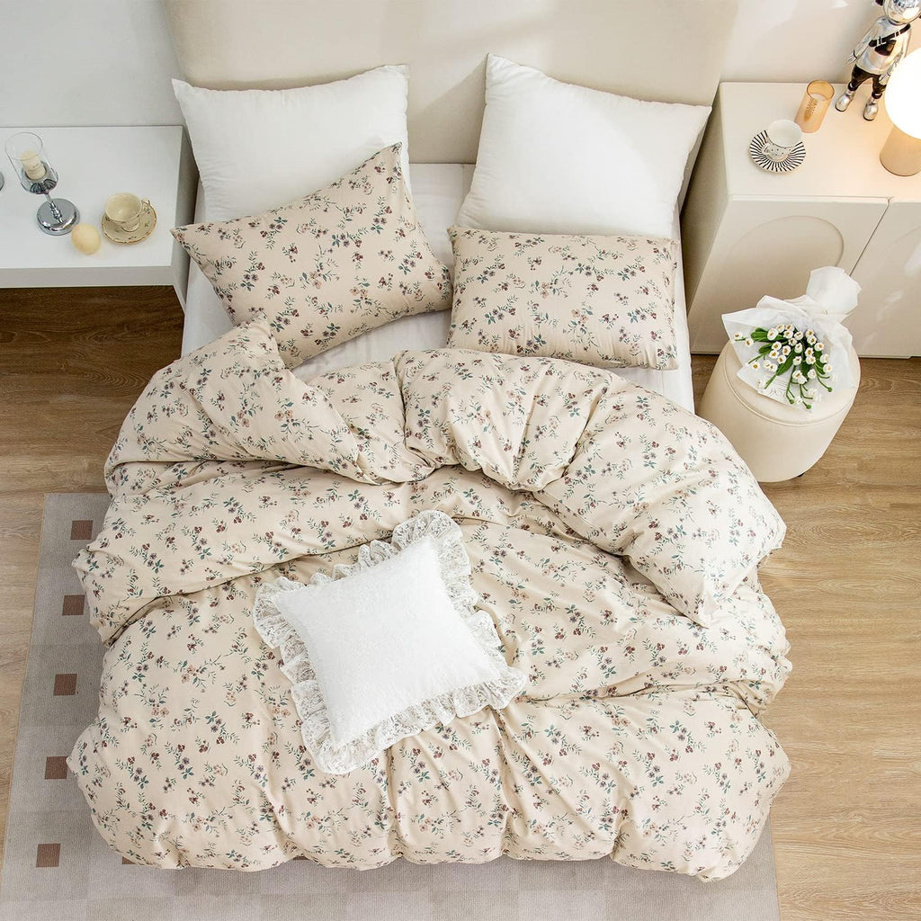Duvet Cover Queen Floral, Brushed Microfiber 3 Pieces Bedding Set, Garden Style Vintage Floral Queen Duvet Cover