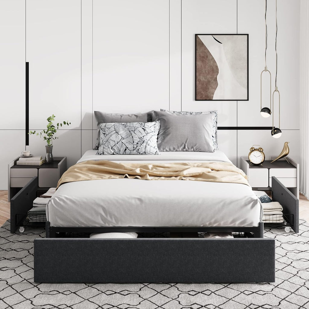 Queen Platform Bed Frame with 3 Storage Drawers, Fabric Upholstered, Wooden Slats Support, No Box Spring Needed