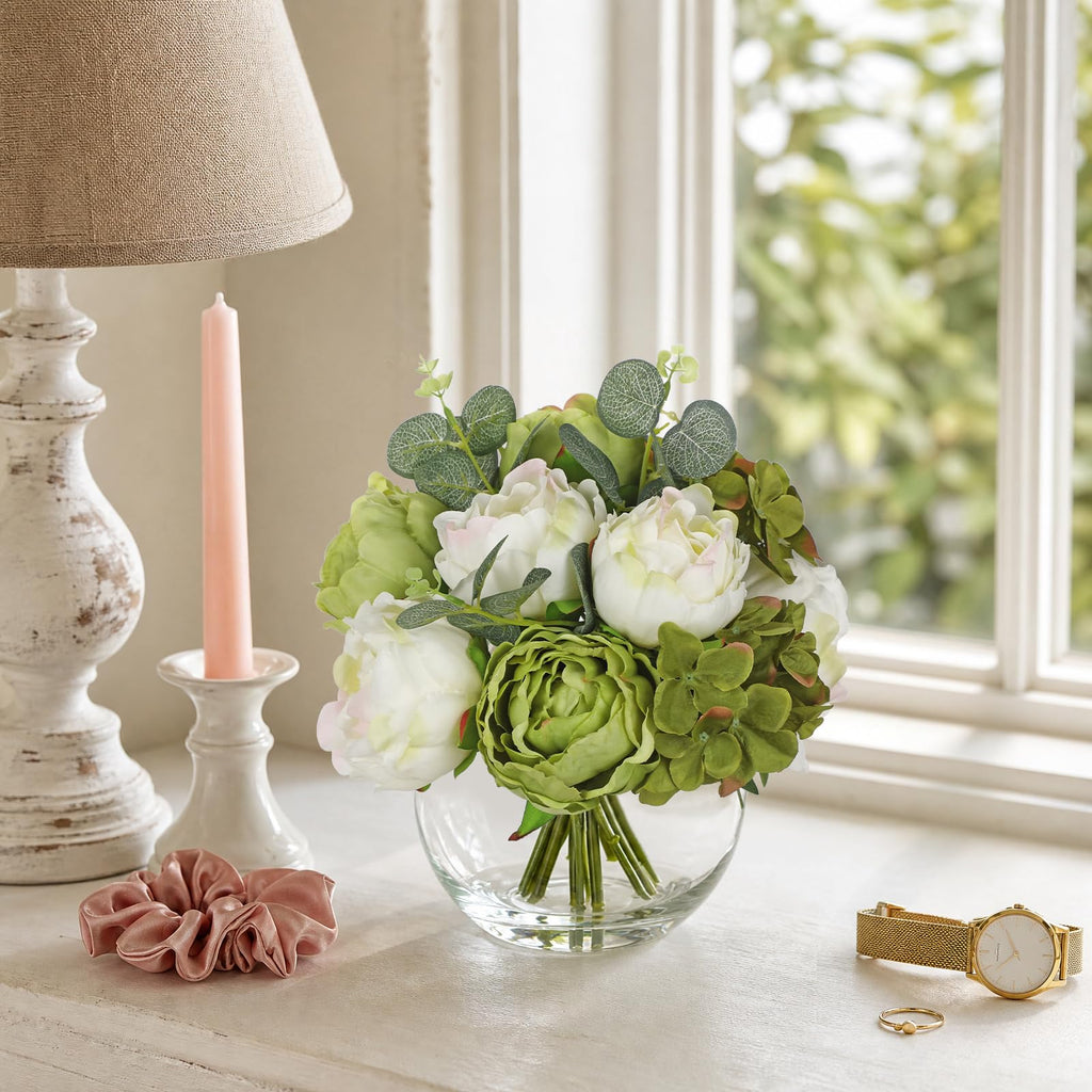 Peonies Artificial Flowers in Vase White Green Peony Hydrangea Fake Flowers Silk Flower Arrangements with Glass Vase