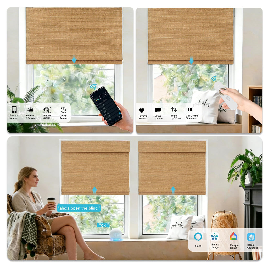 Motorized Bamboo Roman Shades, Motorized Blinds with Remote Compatible with Homekit, Alexa GoogleHome, Smart Wood