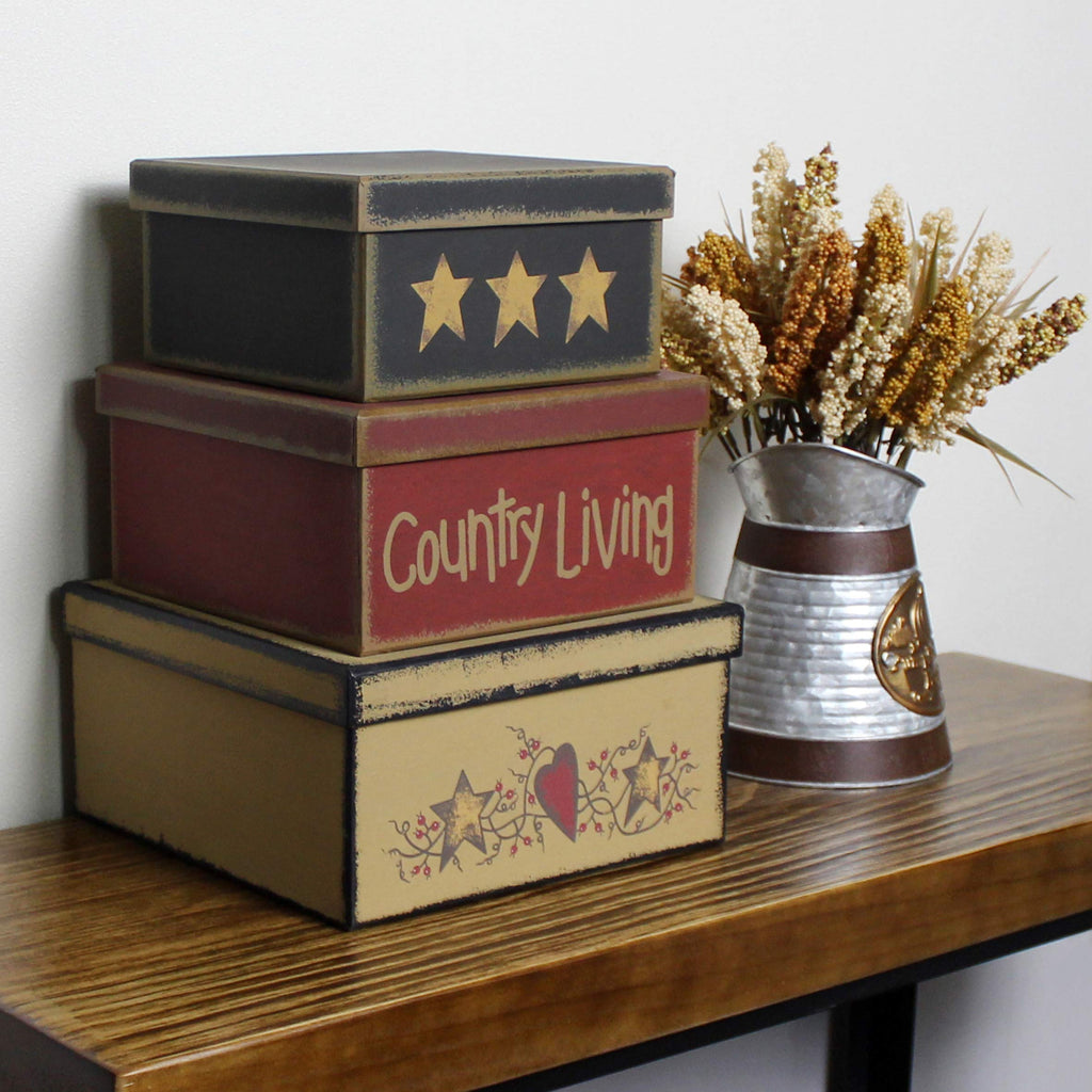 Farmhouse Square "Country Living" Cardboard Nesting Boxes for Photos Memories Keepsakes, Large 9 X 9 X 4-1/2 Inch.