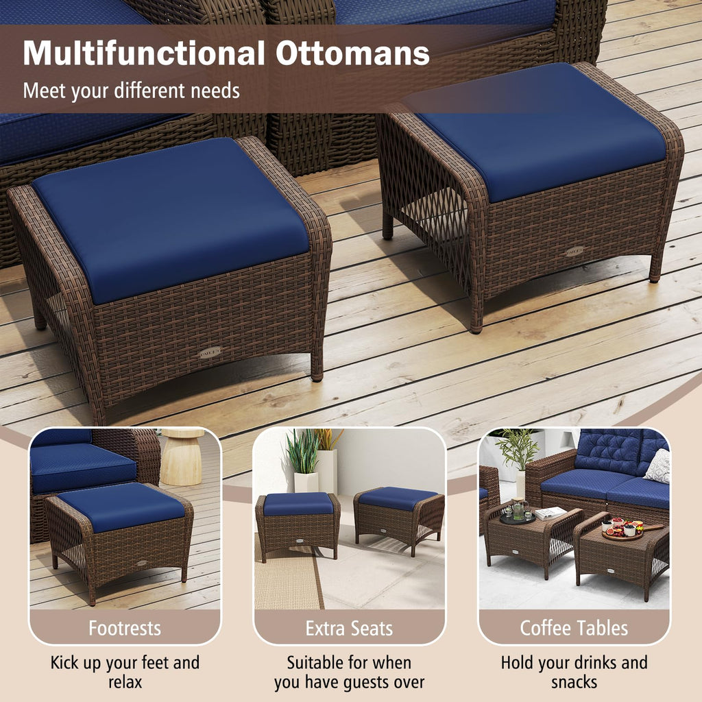 2 Pieces Wicker Outdoor Ottoman with Removable Cushions