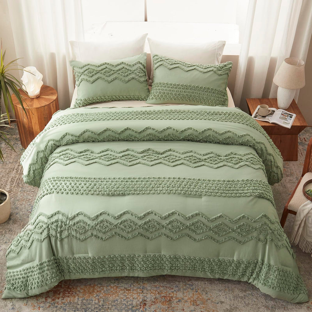 Sage Green Tufted Comforter Set, 3 Pieces Queen Boho Bedding Set