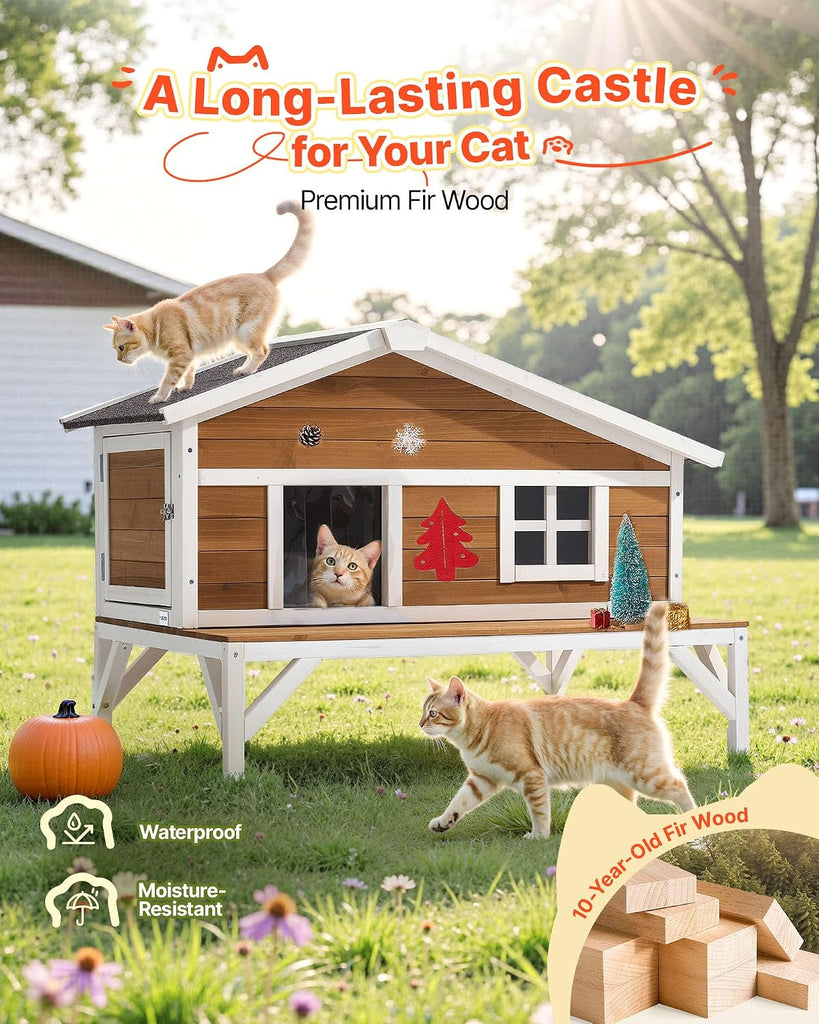 Insulated Cat House, All-Around Foam Insulation Elevated Cat Shelter, Wooden Feral Kitty Shelter with Large Platform