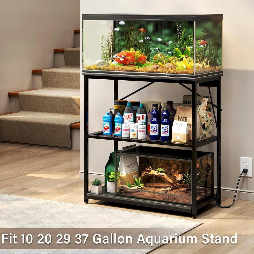 Fish Tank Stand 10, 20, 29, 37 Gallon, 1000LB Capacity Aquarium Stand with Built-in Outlet, 31"L x 16"W Metal Reptile