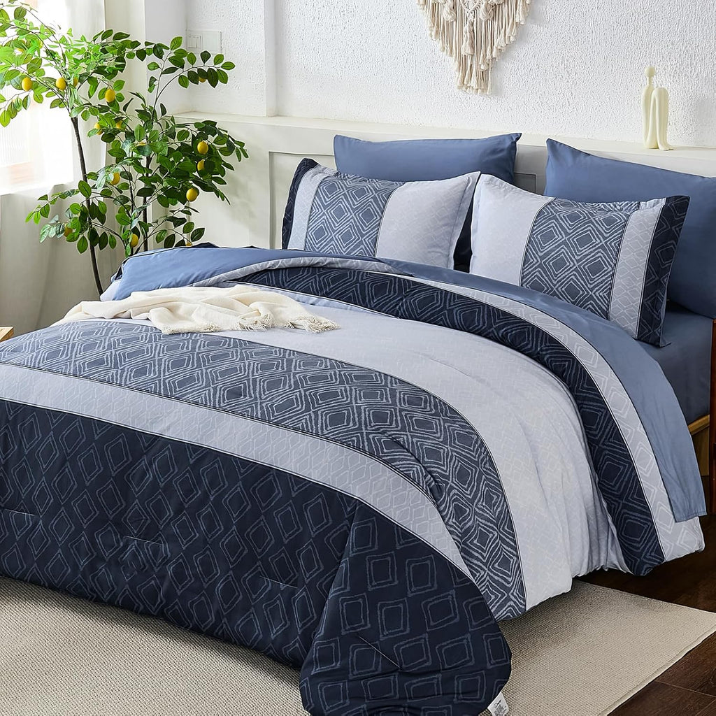 Dinjoy Blue King Comforter Set,Striped Boho Bed in a Bag King 7 Pieces Soft Fall Bedding Comforters Microfiber Mineral