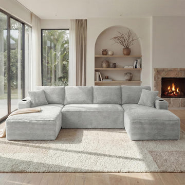 125" Oversized Cloud Boneless Couch with Chaise, Modern Modular Sofa with Deep Seat, Corduroy Upholstered U Shaped