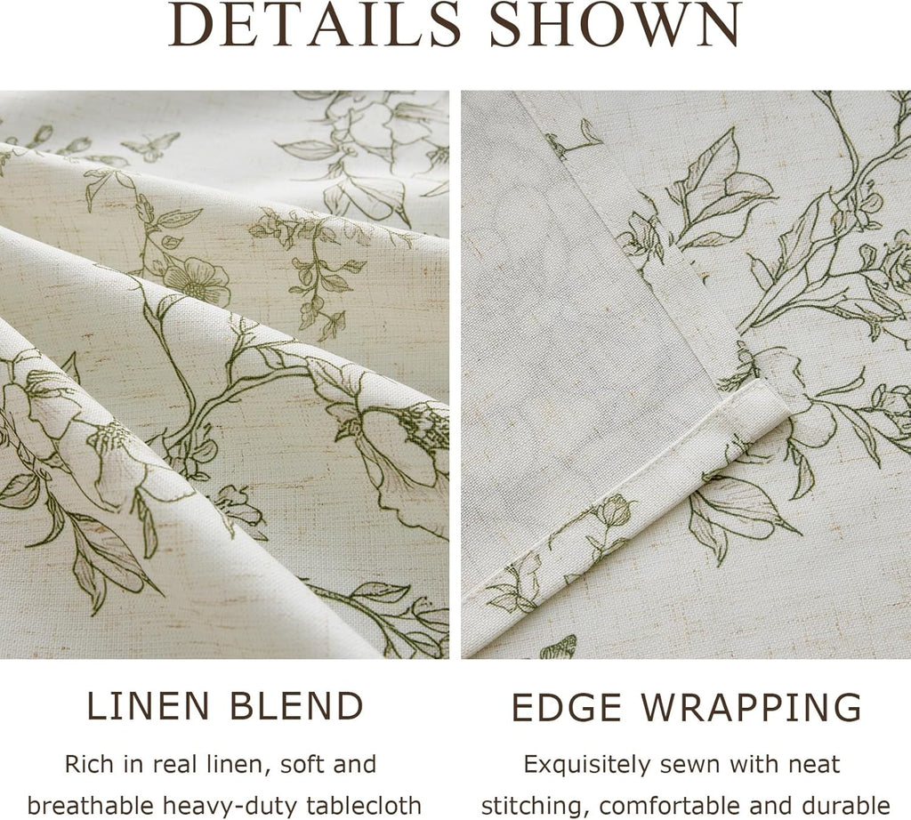 French Floral Tablecloths Rectangular Linen Table Cloth with Green Flowers Pattern Burlap Textured F