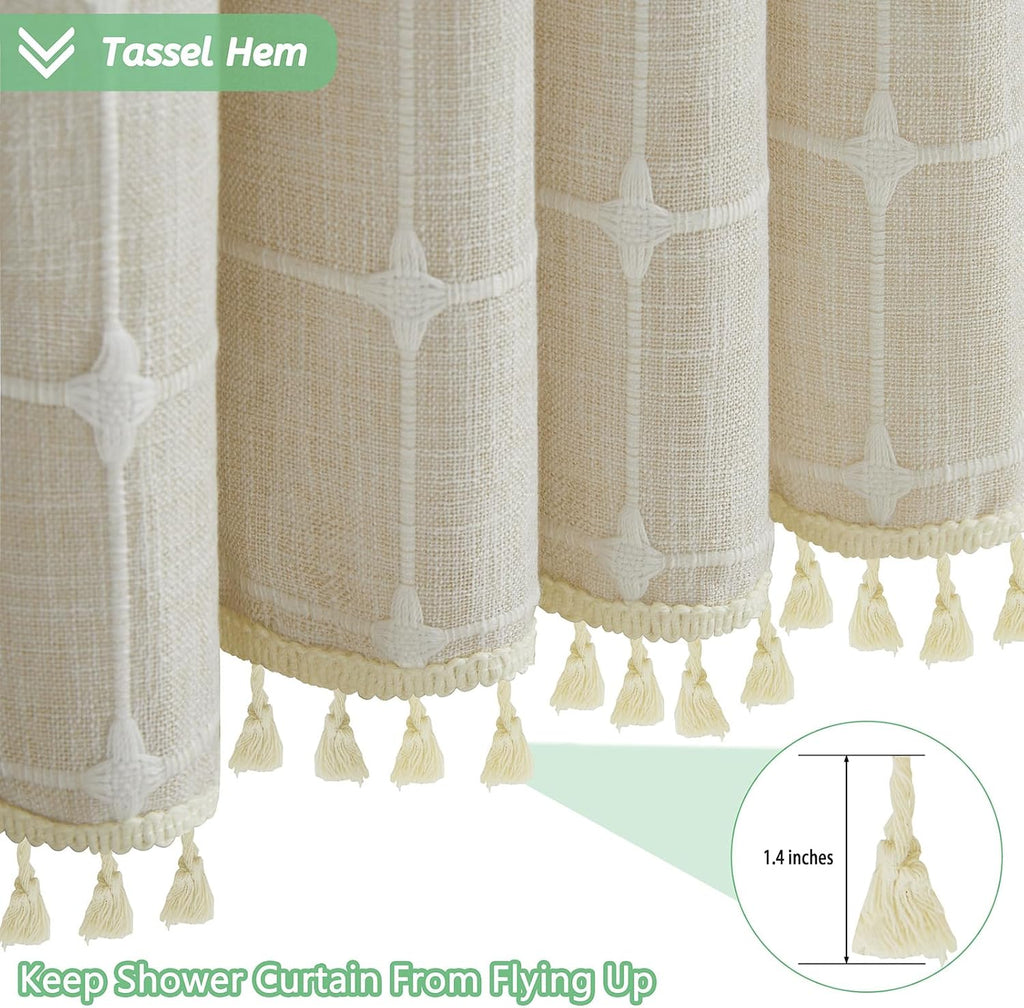 Linen Shower Curtain, Beige Boho Farmhouse Fabric Shower Curtains , Natural Waterproof Cloth Weighted Textured Modern