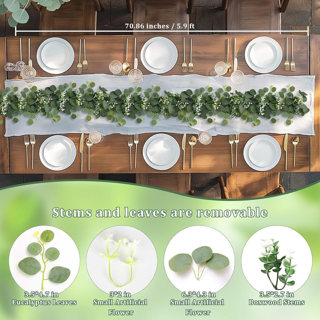 Artificial Eucalyptus Garland with Flowers, Faux Greenery Garland Decor 6FT Eucalyptus Vines, Fake Hanging - Set of 2