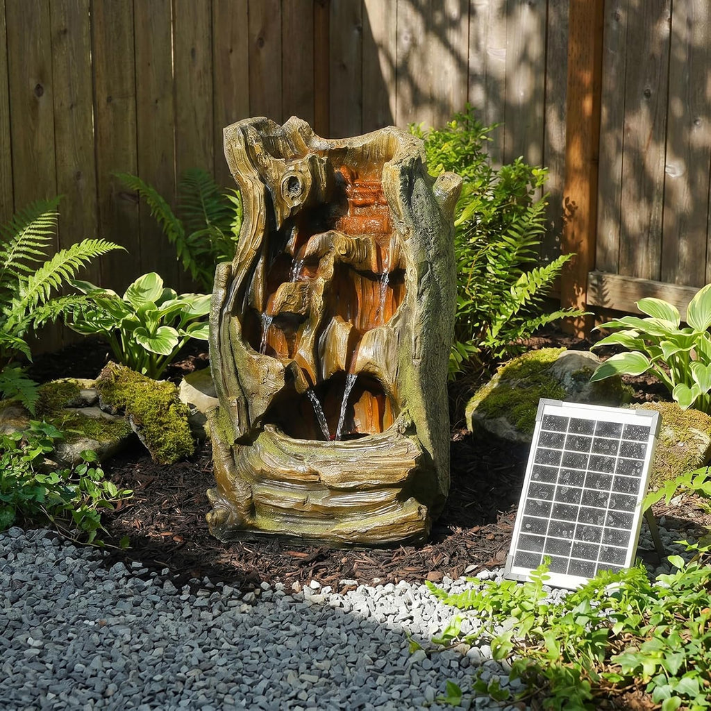Solar Outdoor Water Fountain, 24.4" Tall Tree Stump Cascading Fountain with Solar Powered Pump