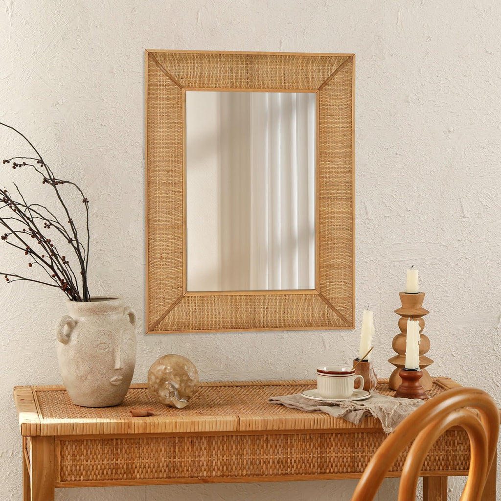 Boho Rattan Wall Mirror Wooden Framed Rectangle Mirror Rattan Decorative Farmhouse Hanging Mirror Vanity Entryway