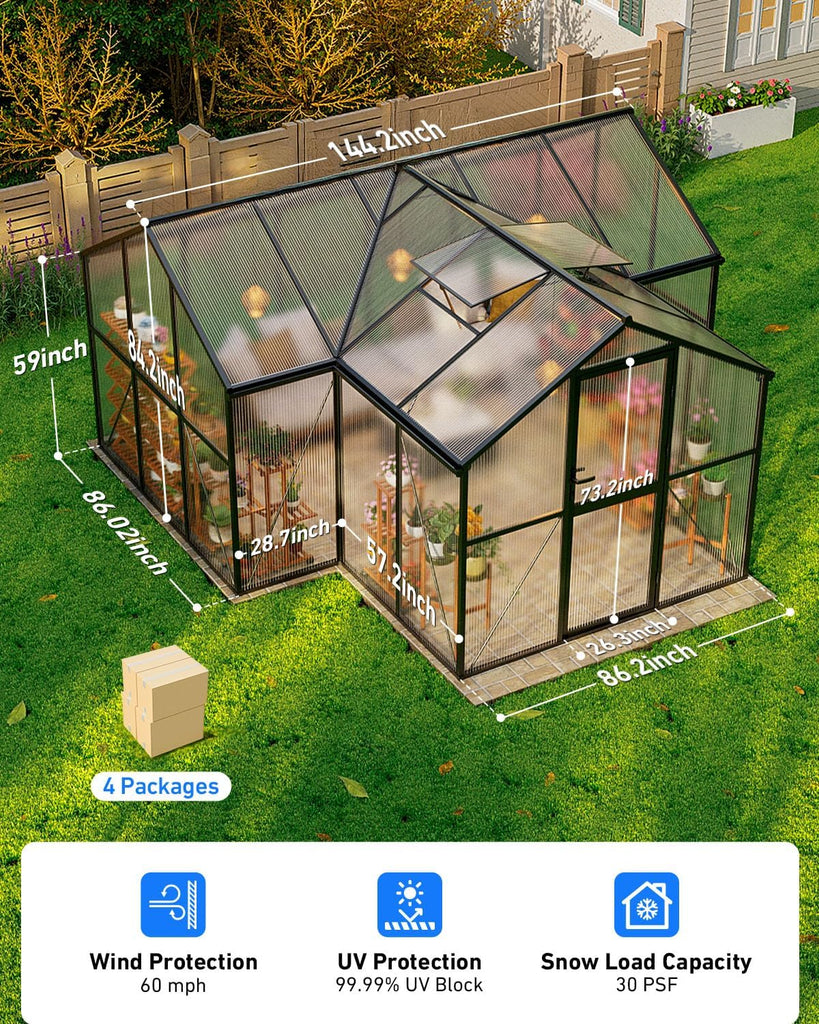 12x12 FT T-Shape Greenhouses, Polycarbonate Green House with UV Protection