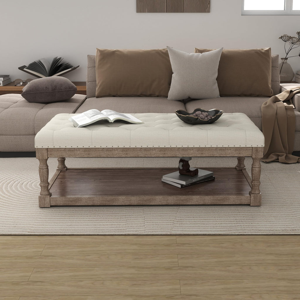 48" Large Ottoman with Storage Coffee Table, Upholstered Tufted Linen Ottoman Bench with Solid Wood Shelf, Holds