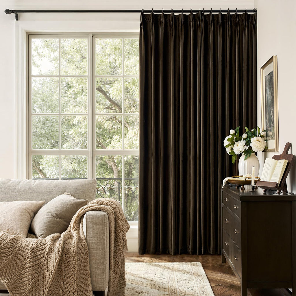 Brown Velvet Pinch Pleated Curtains: Living Room 108 Inches Long 2 Panels Set Luxury Darkening Thermal Insulated