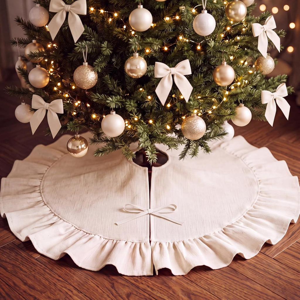 Christmas Tree Skirt with Ruffle Border and Ties 36 Inch Vintage Tree Skirt Decorations Rustic Farmhouse Scalloped