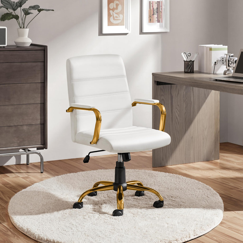 White and Gold Executive Office Chair Mid Back PU Leather Swivel