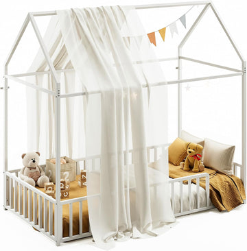 Floor Bed with Fence Guardrails, Metal House Bed, White