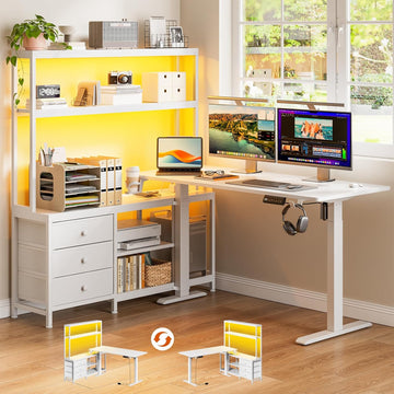 65Inch White L Shaped Standing Desk with Drawers and Hutch | Charging Station, RGB LED lights, Reversible Desk, File