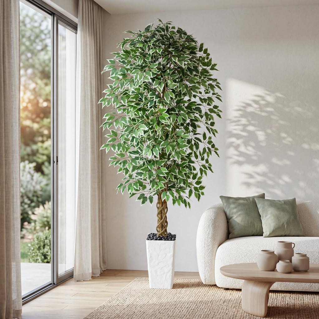 Ficus Tree 7FT, Large Fake Tree Decor (White Planter)