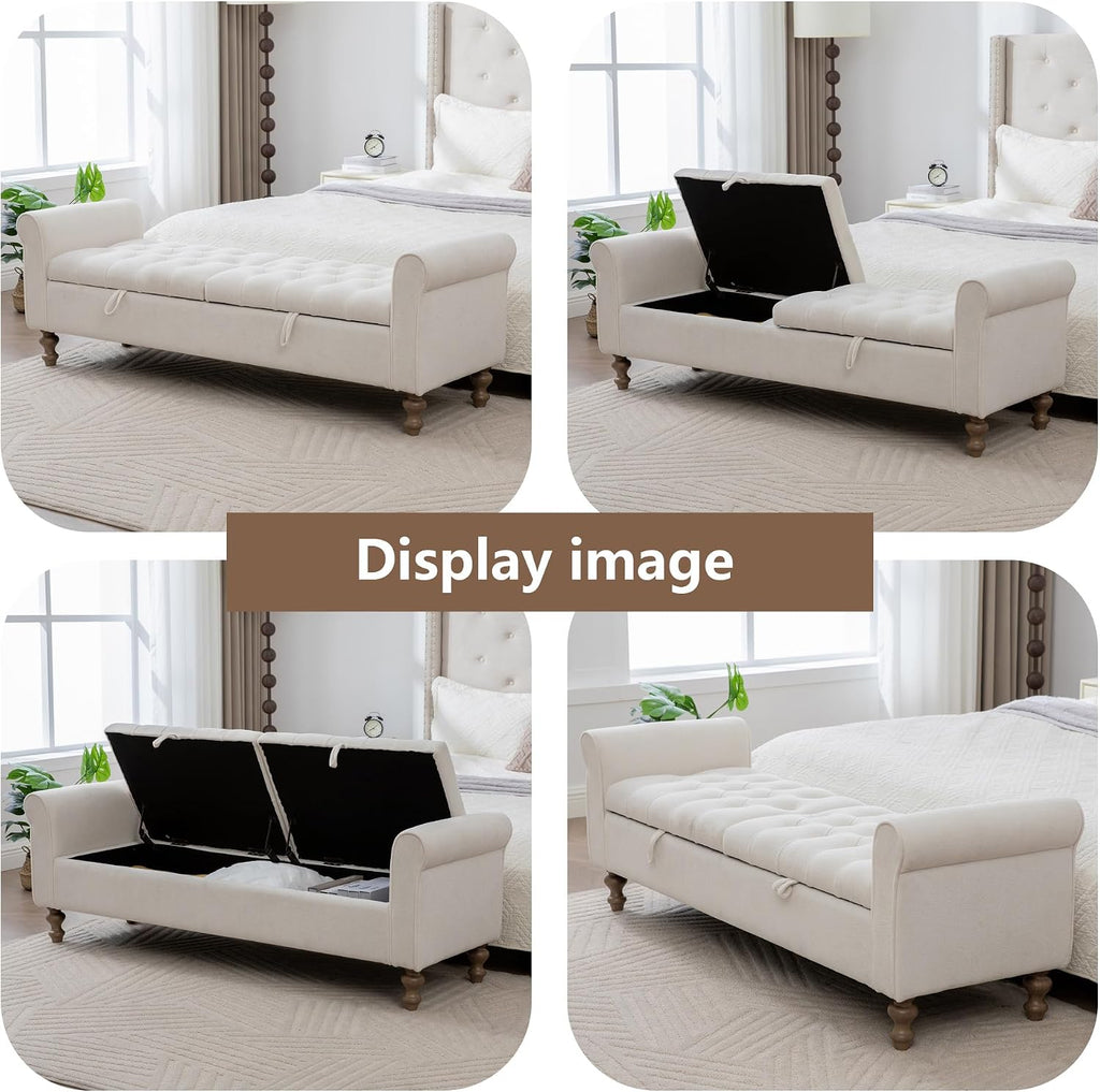66" End of Bed Storage Bench King Size Beige,Napped Fabric Window Bench with Dual-Opening Compartments,Long Tufted