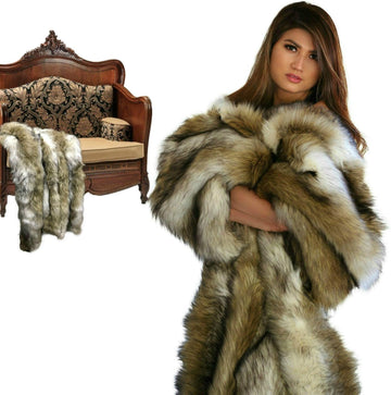 Plush Throw - Luxurious GrayTan and Brown Wolf - Premium Quality Faux Fur - Designer Throw Blanket - Soft Minky
