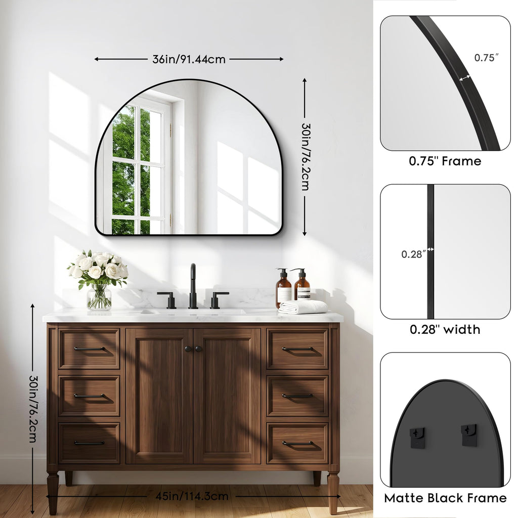 Arched Wall Mirror, 36"x30" inch Black Arched Mirror Bathroom, Vanity Mirror for Over Sink Metal Frame, Tempered Glass